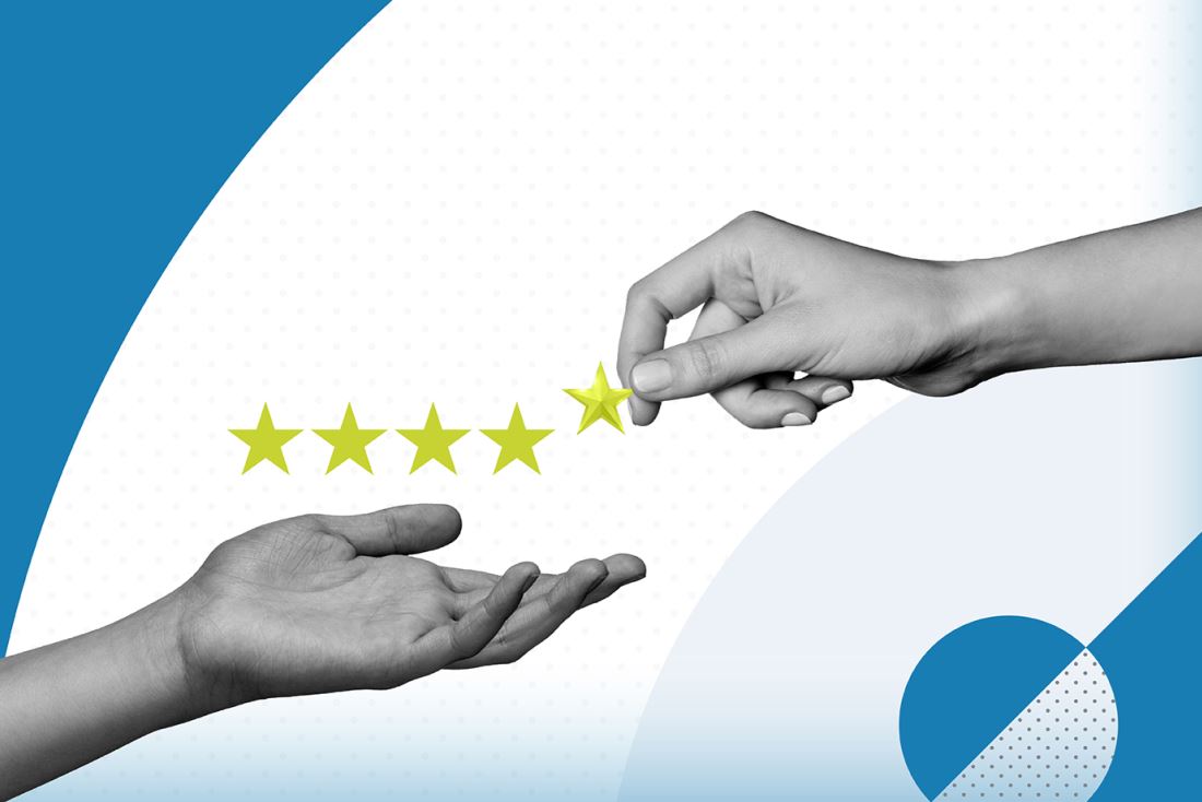 Graphic featuring a black and white photograph of a hand palm up, receiving five stars from another hand on a blue and white patterned background.
