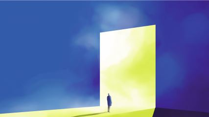 A solitary person stands in front of a towering, open doorway emitting bright yellow and white light, contrasting against a vast blue background, symbolizing opportunity or transition.