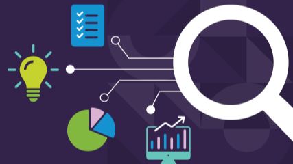 icon of a large white magnifying glass connected to icons representing analytics, statistics, a checklist and a lightbulb