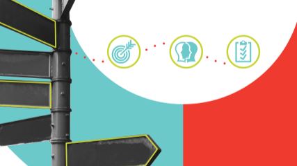 a black and white photo of a signpost on a branded background with icons of a target, audience, and checklist to represent inbound marketing strategy