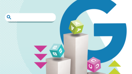 A graphic showing dice rising up and down on pedestals representing revealed search metrics from Google's API leak