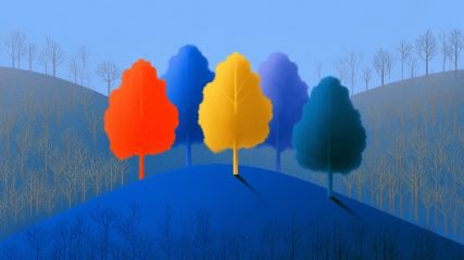 illustration of five vividly colored trees—red, blue, gold, purple, and teal—standing together on a central blue hill. Surrounding them are dozens of smaller, dead, leafless trees in the hills beyond