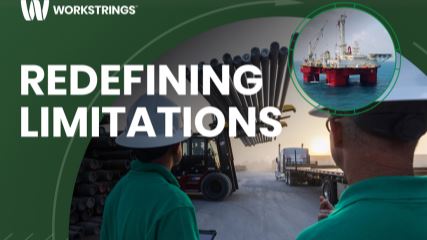 A phot collage of two workers in hard hats watching a fork lift move drill pipe with an inset of an offshore drilling platform