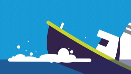 Graphic of a boat sinking into the ocean as foam gathers around the hull