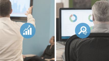 Two images side by side of people looking at graphs on monitors with icons of rising stock and the search icon.