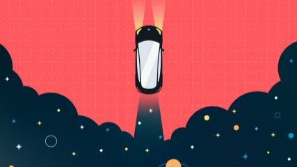 Graphic of car driving away upwards leaving a trail of stars