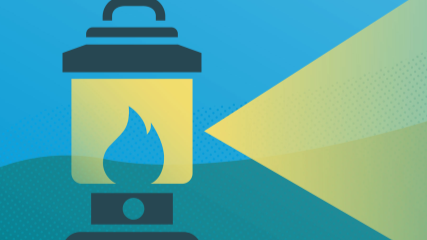 A graphic image of a Lantern shinning a light on a blue background.