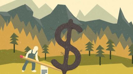 Graphic of a man using a giant pencil to leverage out a wooden tree that looks like a dollar sign