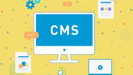CMS infographic with a computer monitor on a yellow background