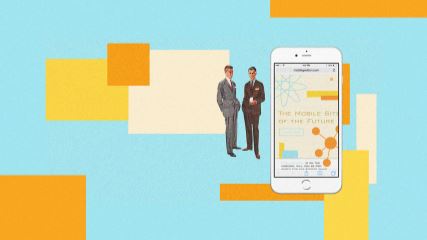 Graphic of two men standing next to an iPhone