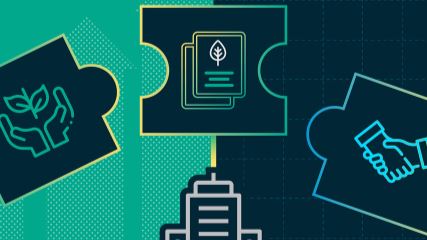 Graphic of puzzle pieces containing various logos that fit together above a graphic of a building