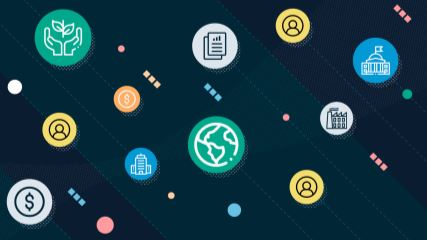 Circles encapsulating various graphics such as money and people