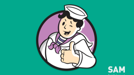 The SAM logo on an aqua background.