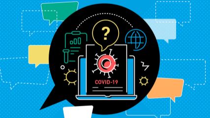 Speech bubble with a question mark over imagery of a Covid-19 virus