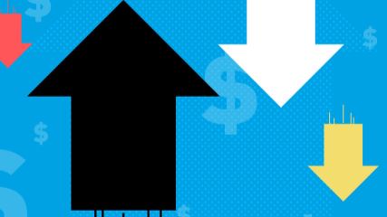 4 arrows in altering directions between up and down with dollar signs in the background