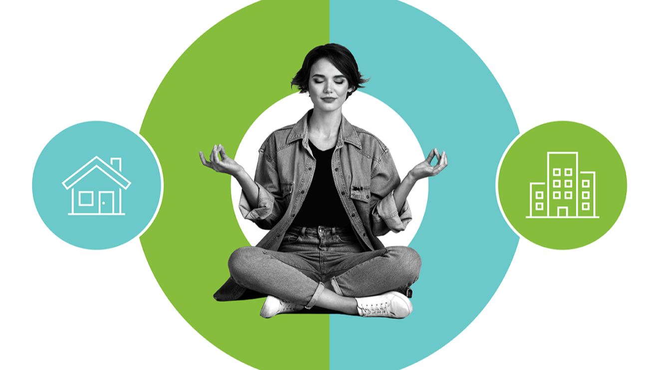 Photograph of a women sitting cross-legged on a blue, green and white background in between icons representing work and home.