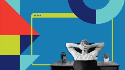 Man sitting at a desk on BE branded background