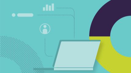 laptop on a blue background with a half circle graphic on the right