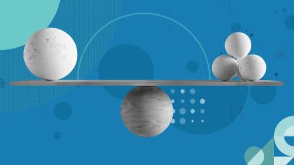 Black and white stock image of spheres on a balance beam, on a blue BE-branded background