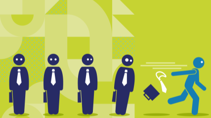 4 human silhouettes wearing ties and briefcases in a line, with a fifth one throwing off his tie and running away, on a green BE branded background