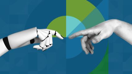 black and white photograph of robotic hand reaching out to a human hand on a blue BE background