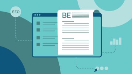 Graphic with a browser window with lines of copy written on it, with a large "BE" at the top