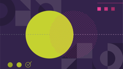 A green circle overlaps with a purple outline on a purple background, with various dark purple and light green patterns overlaying the entire image