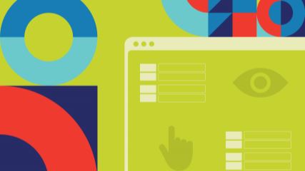 Illustration of a browser window with finger and eye icons on a green background with BE-branded geometric shapes