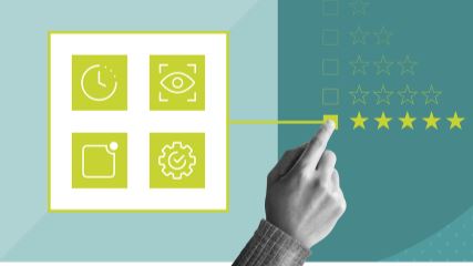 A group of icons representing factors of user experience on a green background, with a finger pointing to a five-star rating