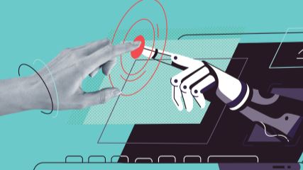 Graphic of a robotic hand reaching out of the screen of a laptop to touch its finger to a photo of a human hand , with red concentric circles at the point where they touch.