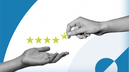Graphic featuring a black and white photograph of a hand palm up, receiving five stars from another hand on a blue and white patterned background.