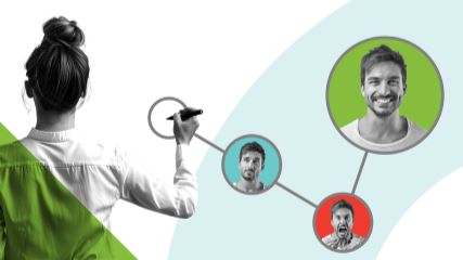 Lines connecting different bubbles containing photography of a customer at different emotional stages