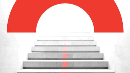 Black and white photograph of a staircase leading upwards towards a red BE arc graphic.