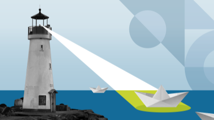 Photograph of a lighthouse shining a spotlight on a paper boat on a BrandExtract-branded blue ocean.