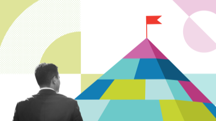 A photograph of a man wearing a suit faces a graphic of a pyramid made up of green, blue and pink blocks.