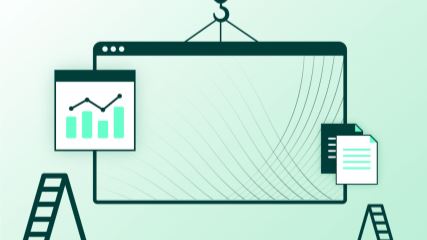 illustration of construction equipment around a webpage with green background imagery.