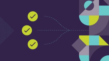 3 green checkmarks on a BE-branded purple background, with geometric shapes on the right