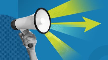 black and white photograph of an arm raised holding a megaphone on a blue graphic background, with green rays and arrows shooting out from behind the megaphone.