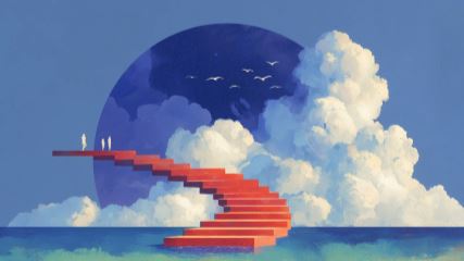 A red staircase winding up over a blue ocean with white clouds in the background