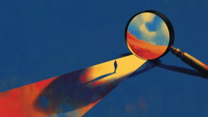 A person starring into a giant magnifying glass looking out into a desert world