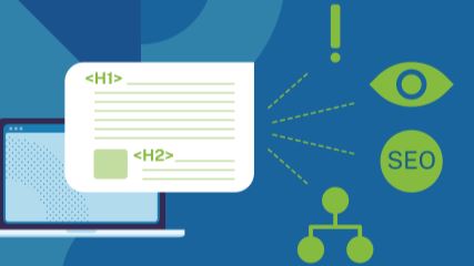 A graphic of a laptop with headers popping out of the screen, with dotted lines pointing to icons reprenting SEO, visibility and more.
