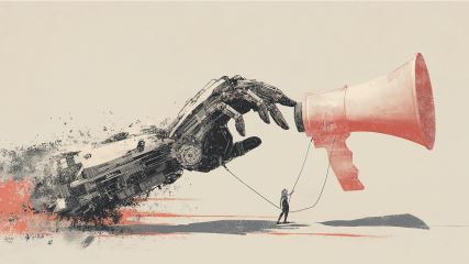 Photo of a man holding a megaphone on a blue and gray background