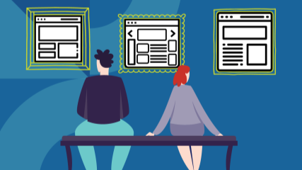 A graphic of two illustrated people sitting on a bench in a museum with web pages hanging on the walls like paintings