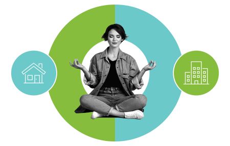 Photograph of a women sitting cross-legged on a blue, green and white background in between icons representing work and home.