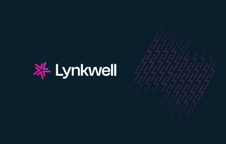 Lynkwell logo next to a graphic of pink lightning bolt icons arranged into a large lightning bolt