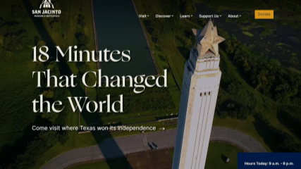 Screenshot of the home page of the San Jacinto Museum and Battlefield's new website