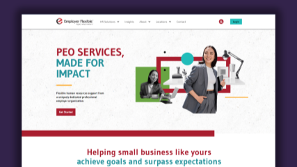 Screenshot of the Employer Flexible home page overlayed on a BrandExtract eggplant colored background.