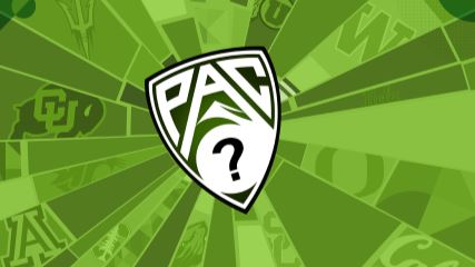 The Pac-12 logo in the middle of a shattered glass graphic, with shards of the logos of the member teams radiating outward.