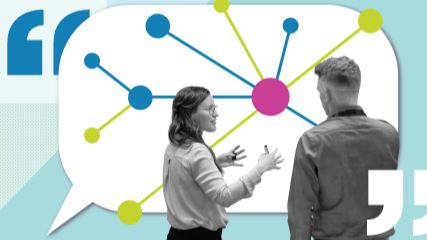 Photograph of a man and a woman standing in front of a graphic of a speech bubble with quotes around it