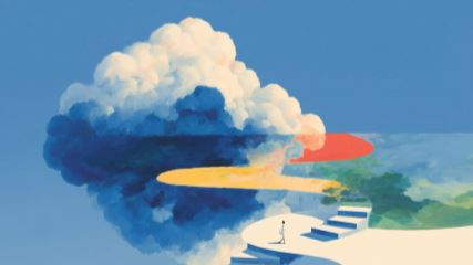 A person standing on a white pier with stairs leading up into a crisp blue sky with fluffy clouds